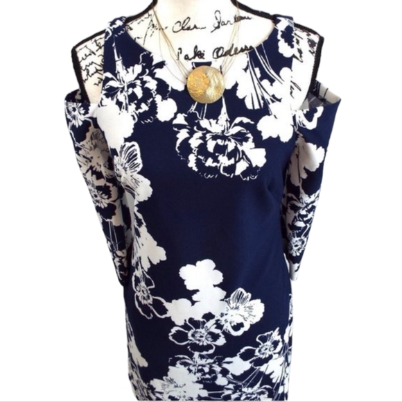 Eliza J Navy Blue and White Cold Shoulder Floral Pansy Print Dress Size 6 - Picture 6 of 12